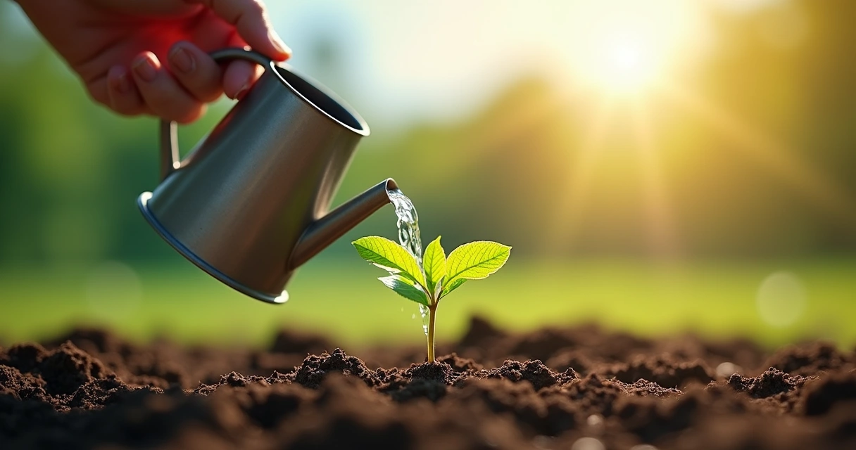 Hand watering a growing flower symbolizing mindset change