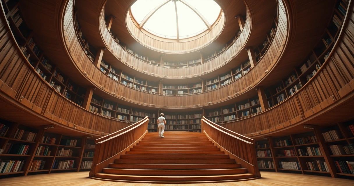 Person standing on spiral library stairs surrounded by books and soft light 