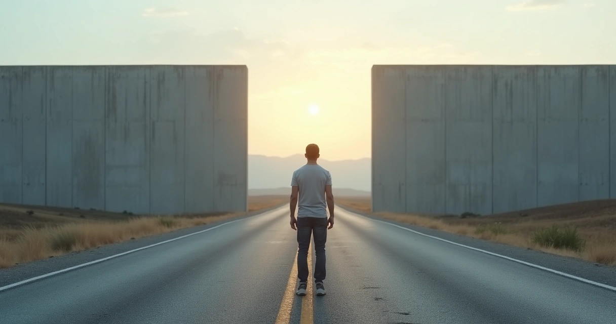 Person standing at the end of a road facing a barrier wall in a foggy landscape 
