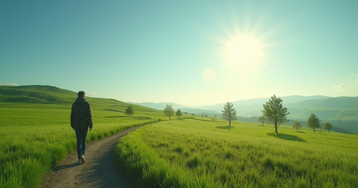 Person walking along twisting path in nature with clear sky
