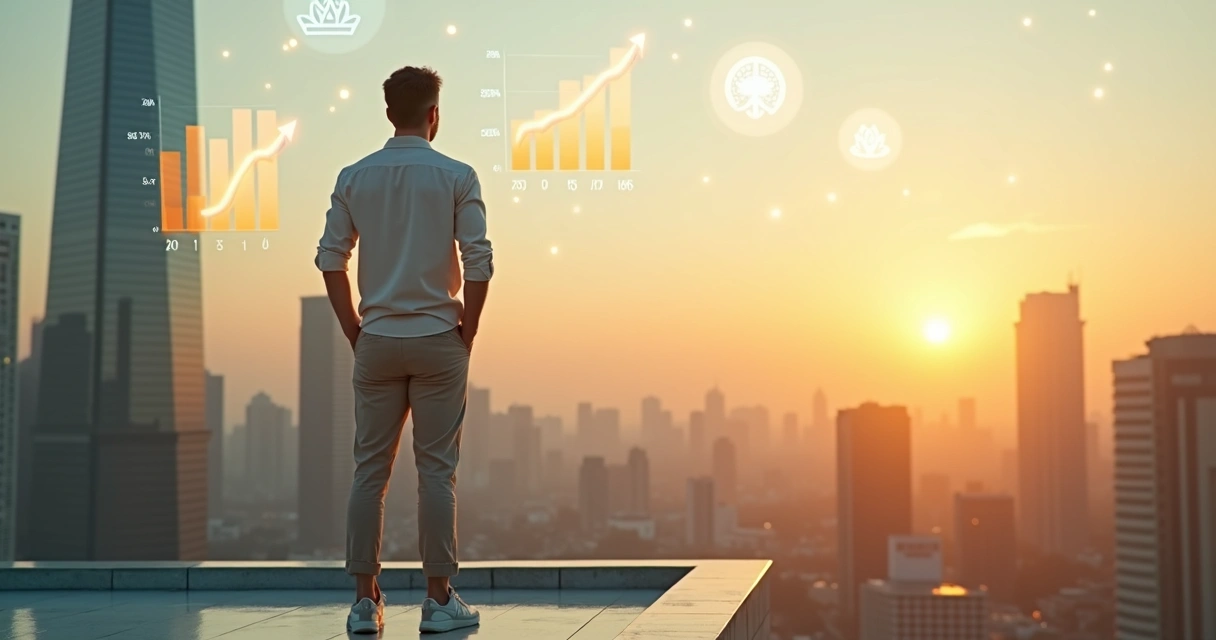 Pessoa em pé no topo de prédio ao amanhecer olhando para horizonte com gráficos de crescimento ao fundo 