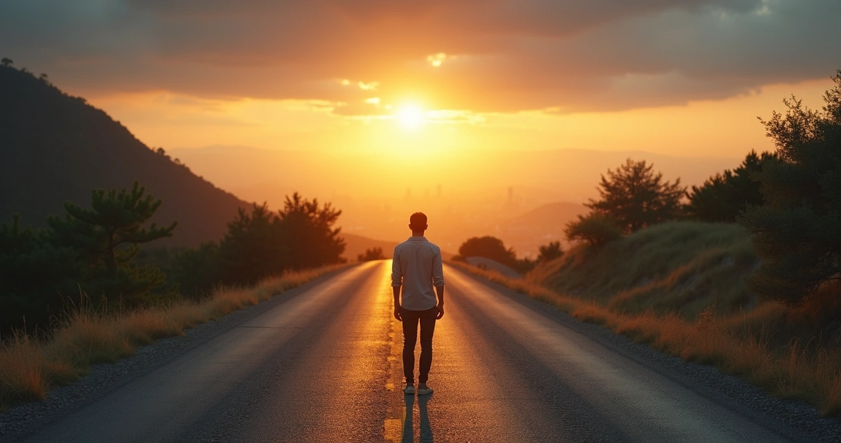 Pessoa em encruzilhada entre caminho escuro e caminho iluminado 