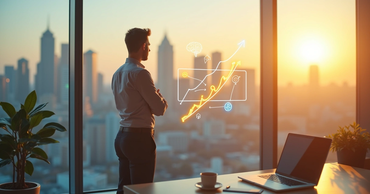 Profissional em pé em frente à janela observando cidade com símbolos de crescimento ao redor 