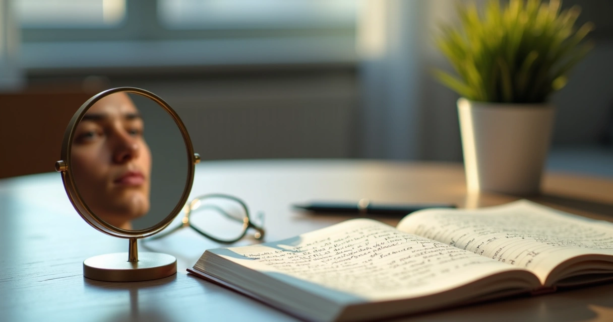 Notebook and mirror reflecting a thoughtful face 