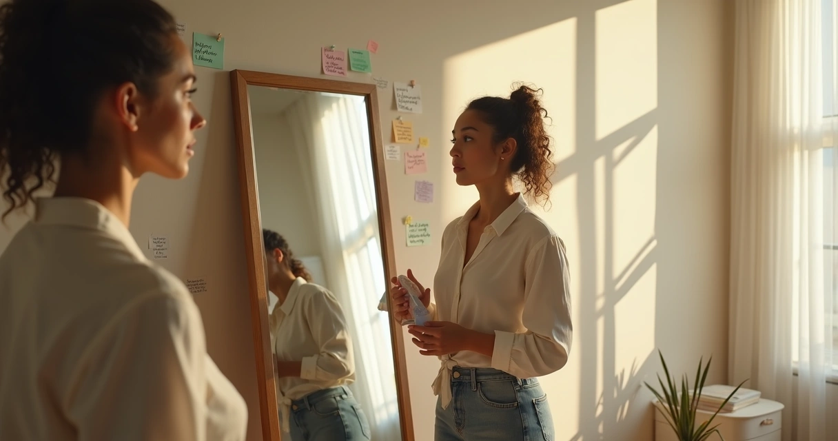 Person quietly reflecting in front of a mirror, shifting mindset 