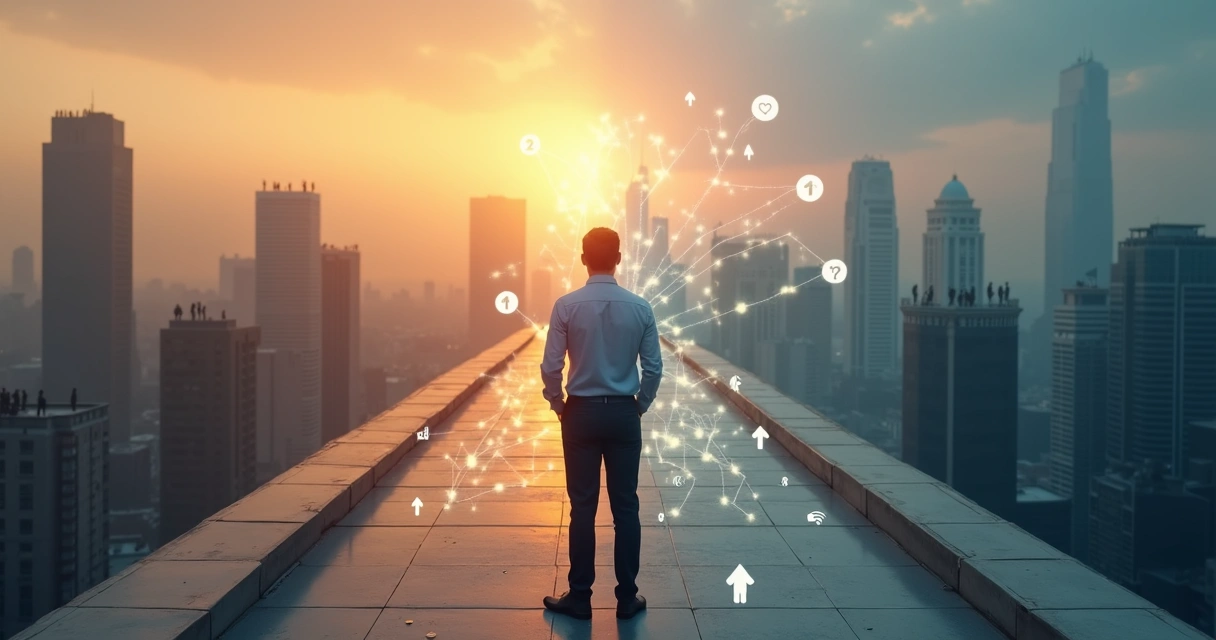 Person at crossroads with positive and negative social influence paths 