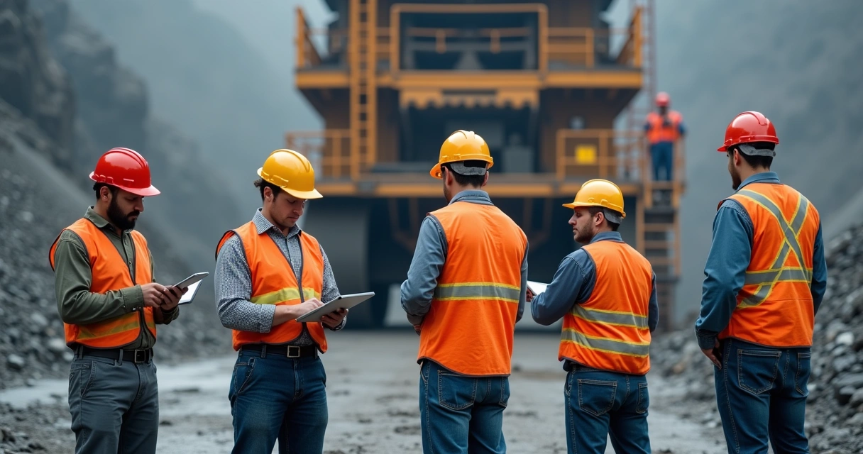Equipe de mineração realizando inspeção de segurança junto a um britador de grande porte. 