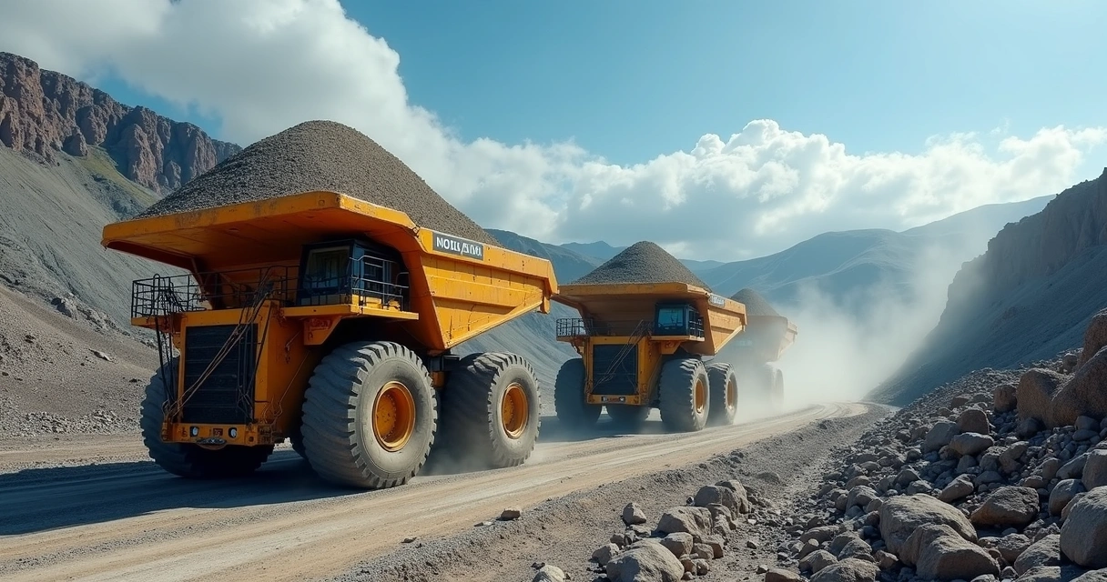 Caminhões de mineração em mina a céu aberto 