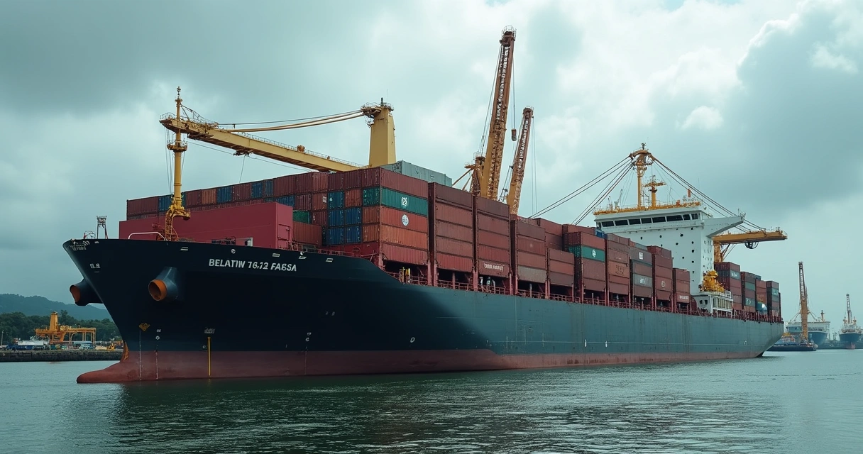 Navio de carga sendo carregado com minério no porto, pronto para exportação para a Europa 