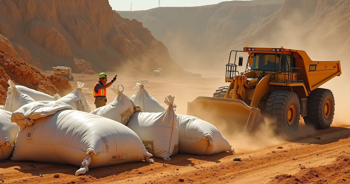 Helices de escavadeira tocando big bags de ráfia danificados em mina a céu aberto 