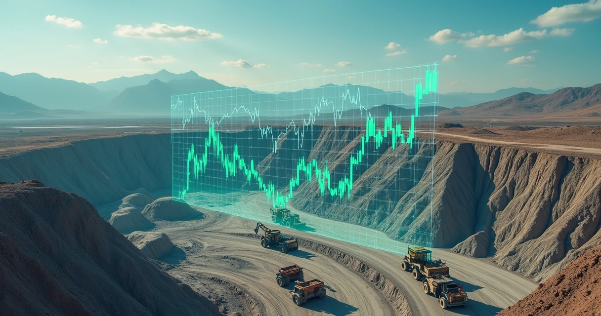 Vista aérea de uma mina de extração mineral com máquinas em operação e gráficos financeiros flutuando sobrepostos 