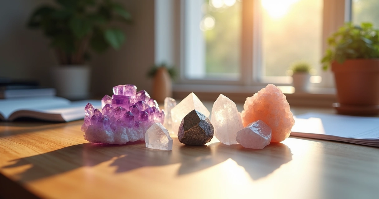 Vários minerais coloridos sobre uma mesa de madeira 