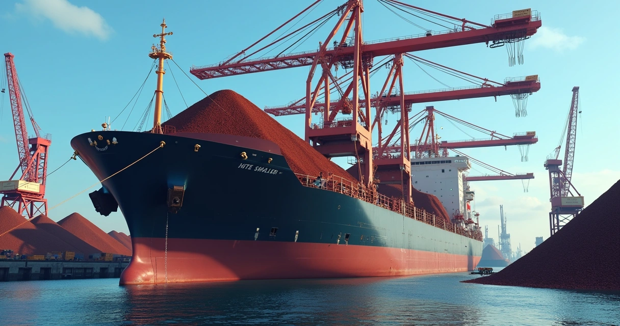 Navio sendo carregado com minério de ferro em porto