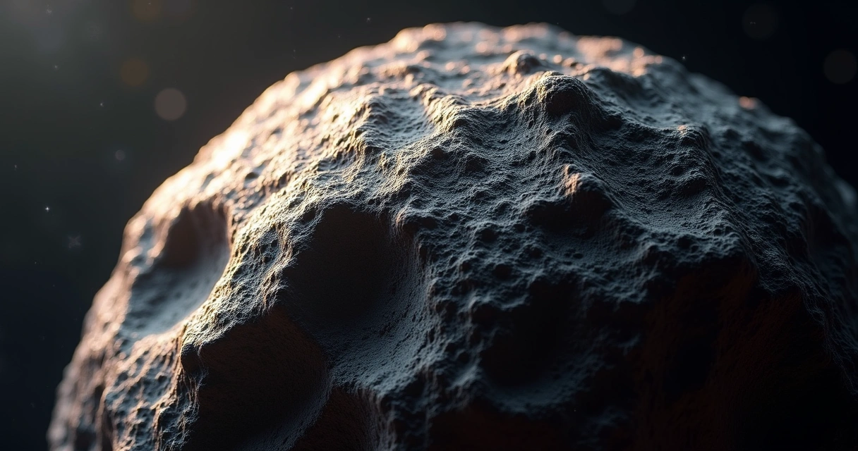 Close detalhado da superfície rochosa do asteroide Apophis com reflexos metálicos