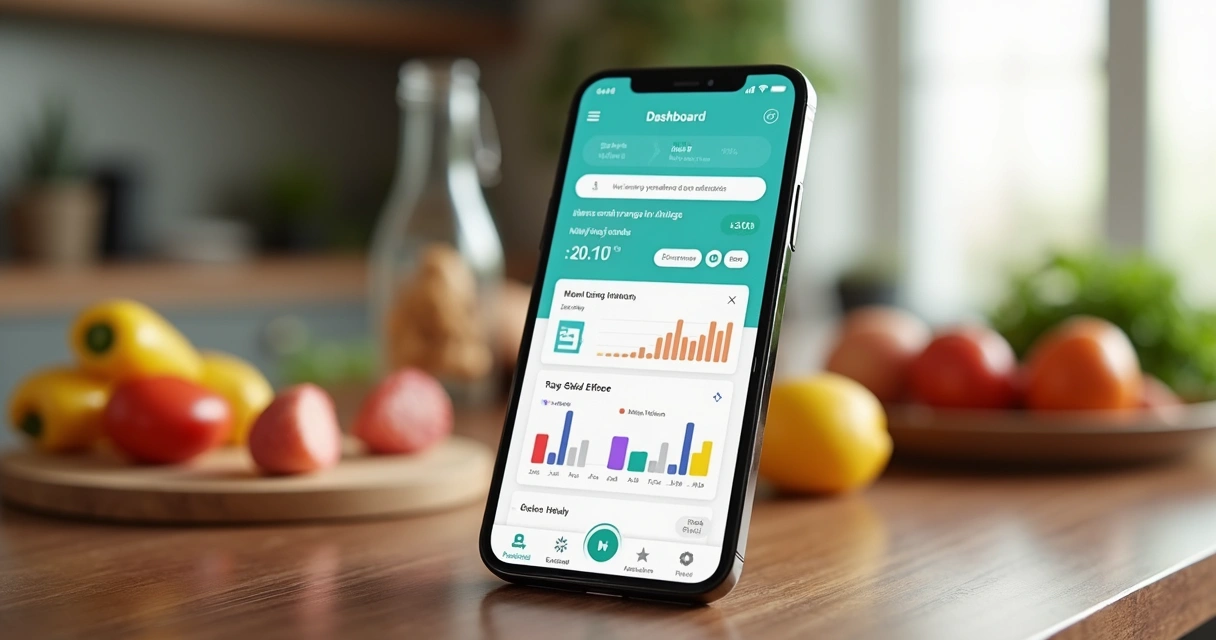 Smartphone showing Mingo app dashboard with meal and medication logs