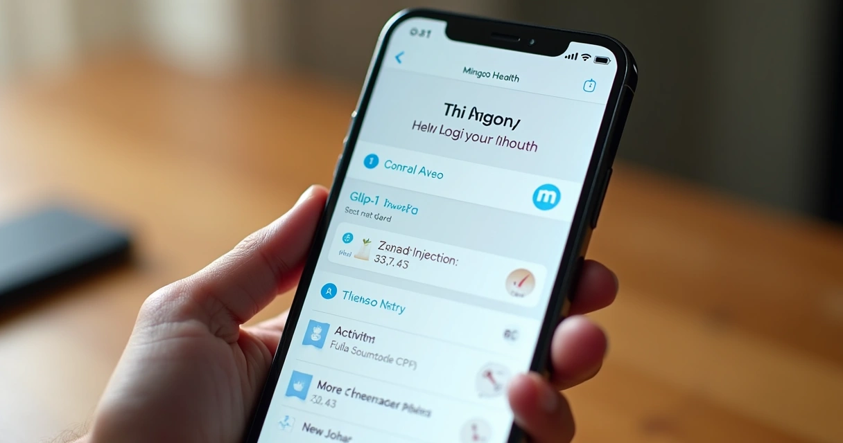 Mingo app showing features for managing injections, meals, and health metrics 