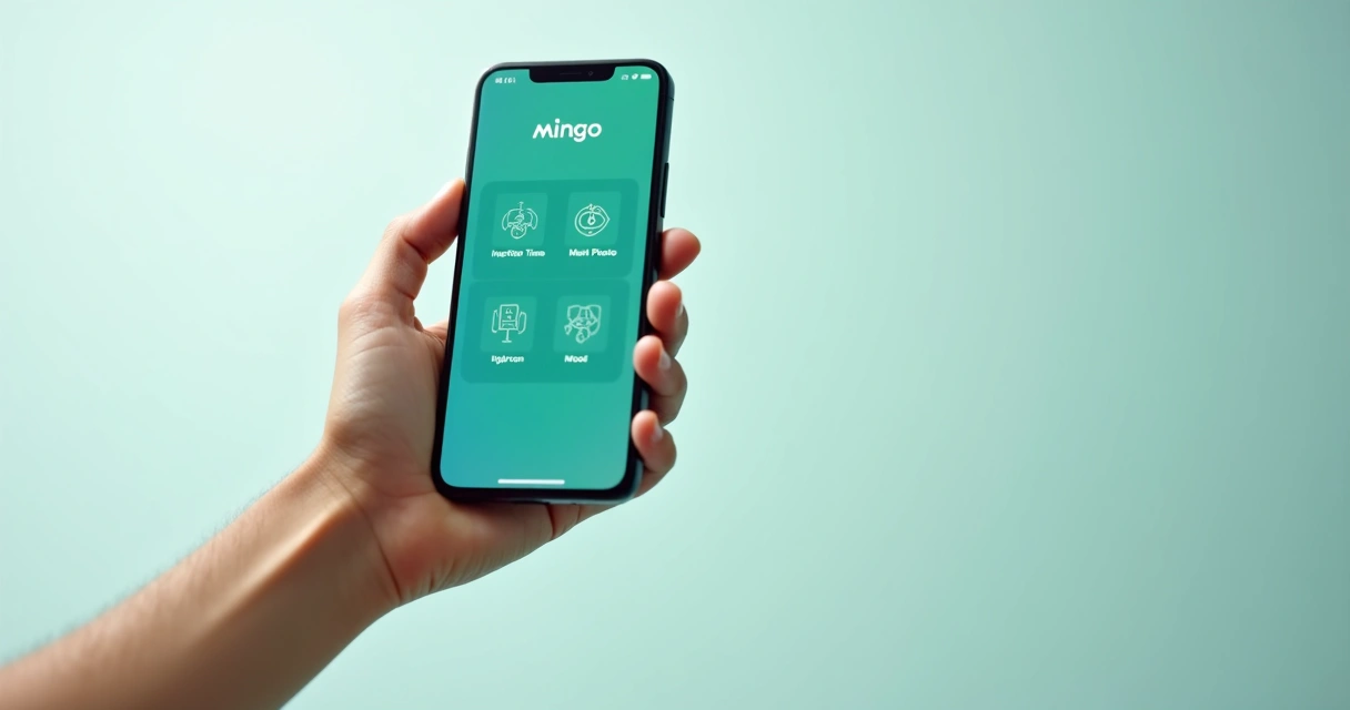 A smartphone showing the Mingo app with daily medication and nutrition logs on the screen. 