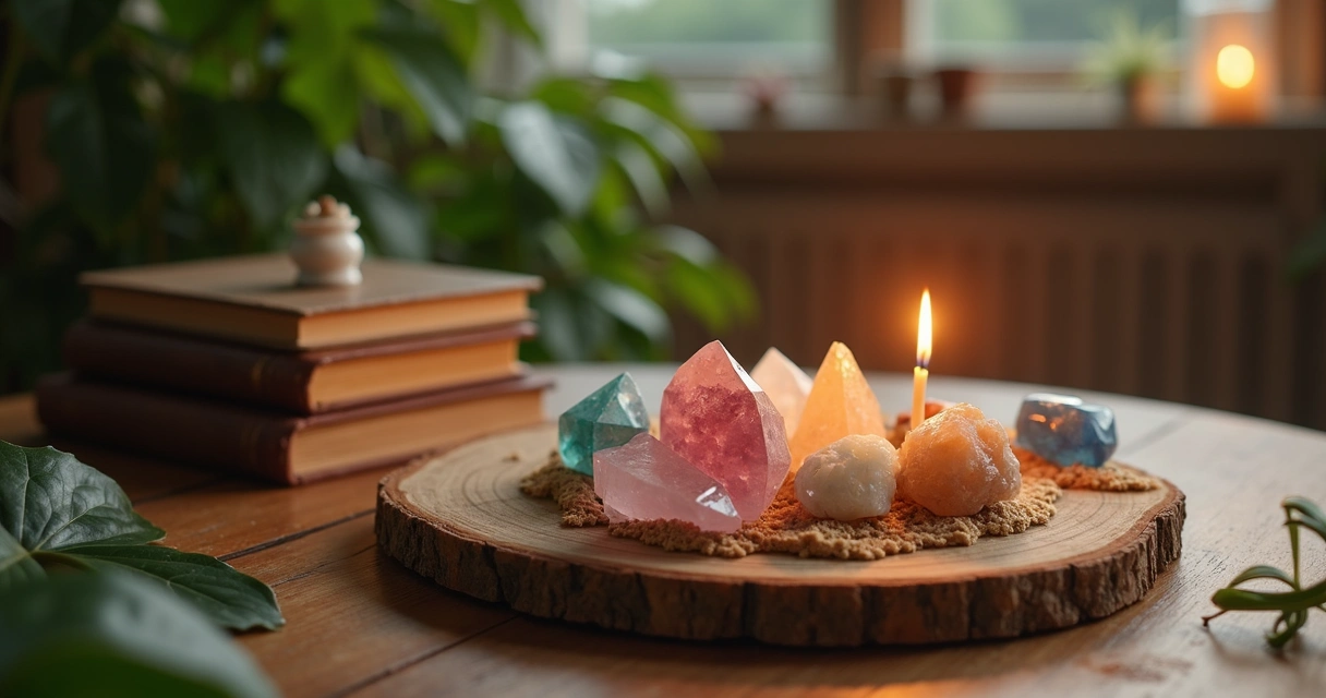 Pequeno altar com cristais, incenso aceso e vela ao lado de livros 