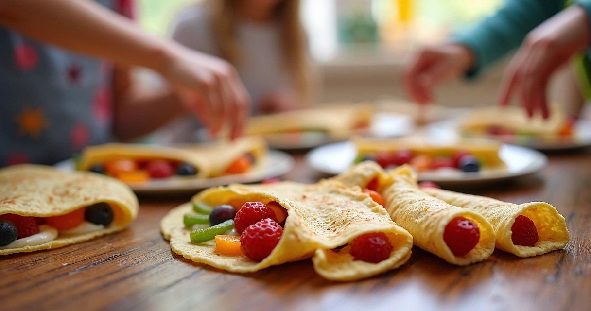 Mini crepes com recheios saudáveis expostos em mesa de festa 