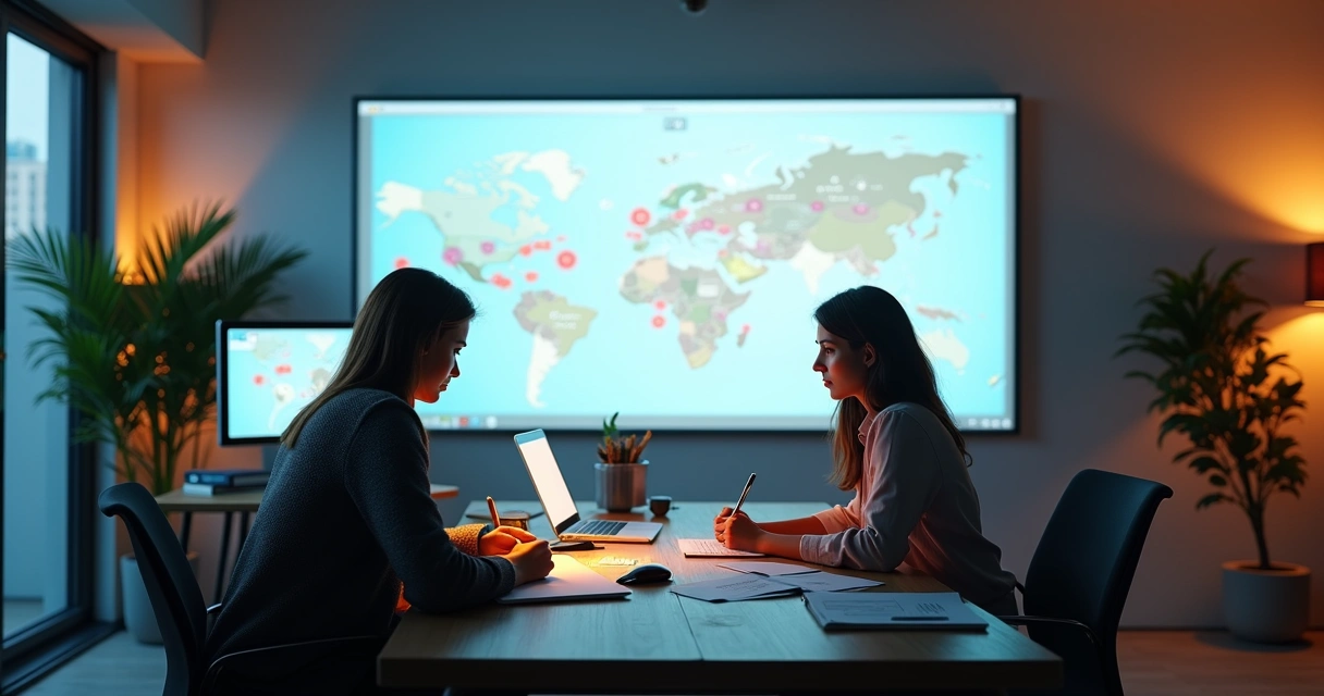 Equipe analisando dados de anúncios em uma sala moderna com notebook