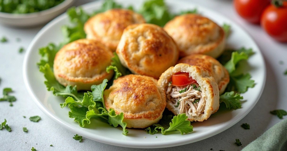 Mini esfirras fit prontas com recheio de frango em prato branco