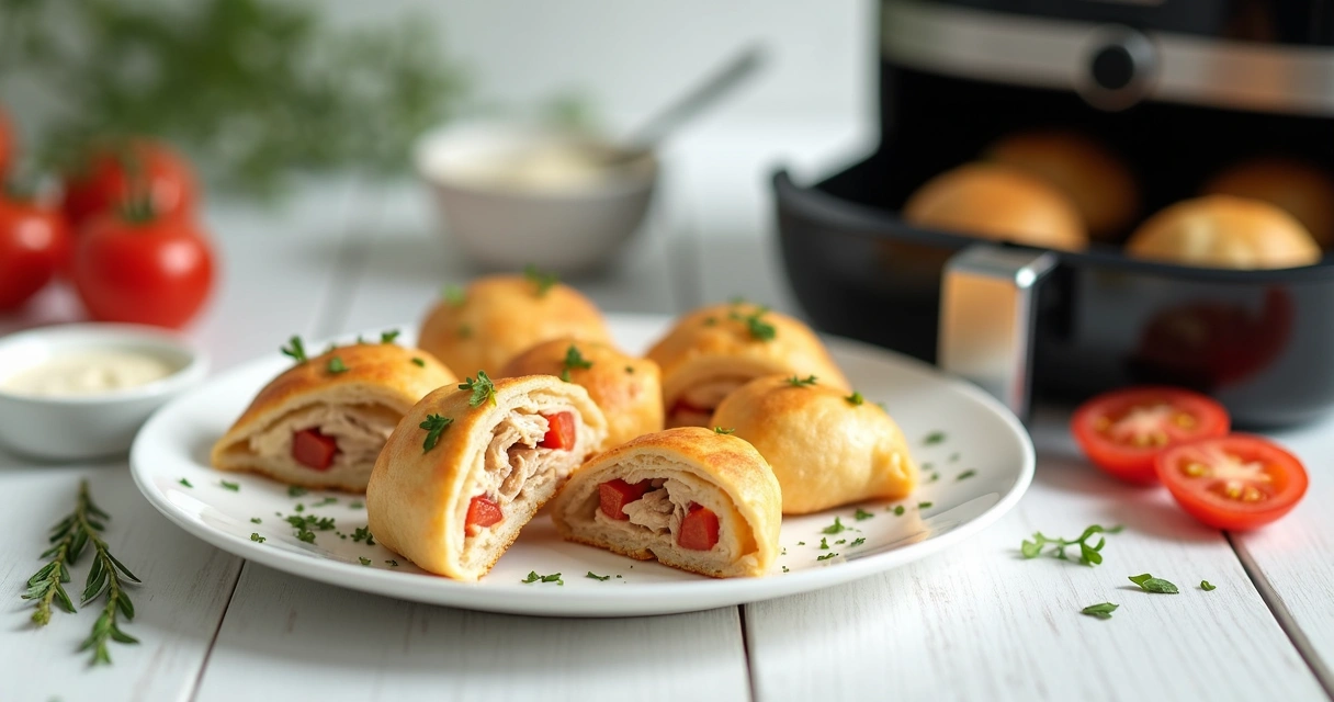 Mini esfirras fit douradas em prato branco ao lado de air fryer em bancada de cozinha clara 