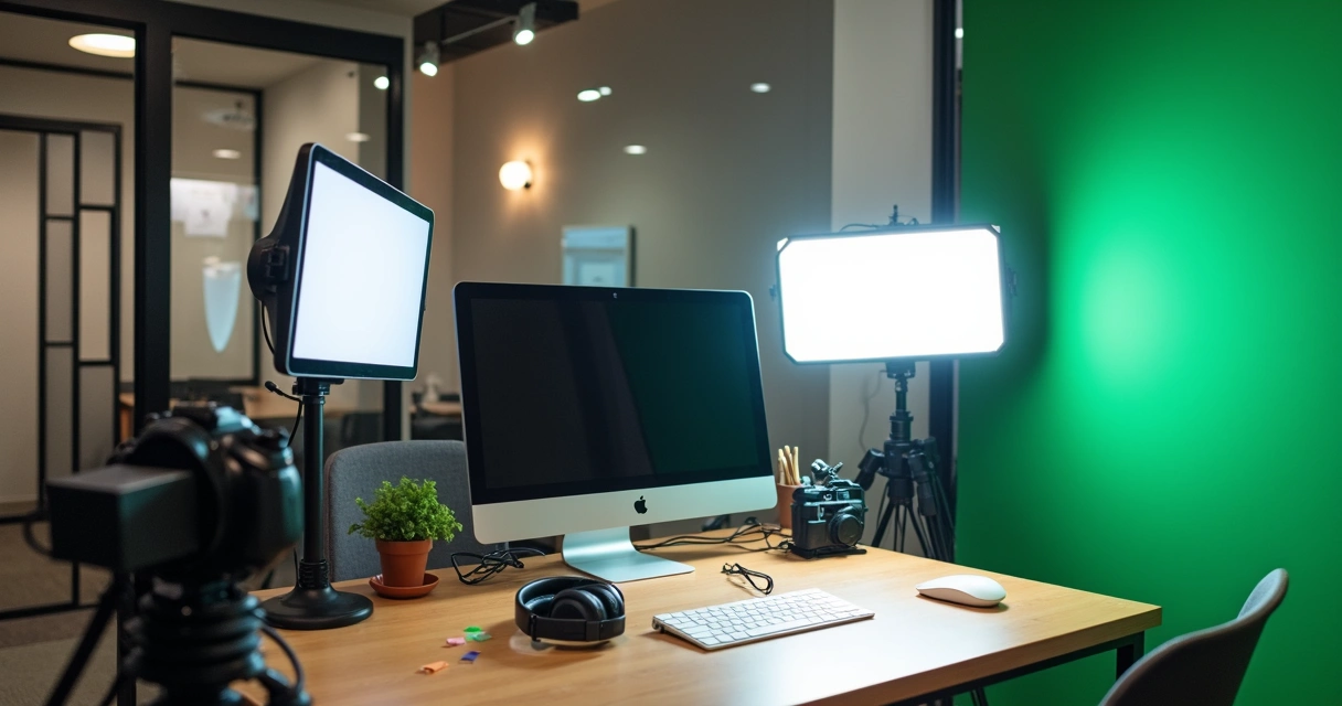 Miniestúdio de vídeo montado em ambiente de coworking, com câmera, tripé, painel de LED e fundo chroma key 