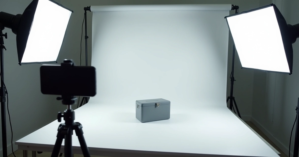 Mini estúdio com celular, luz lateral e produto sobre fundo branco