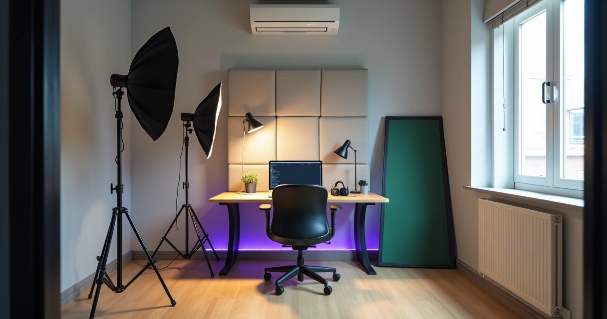 Miniestúdio de vídeo montado em sala de coworking com iluminação profissional 