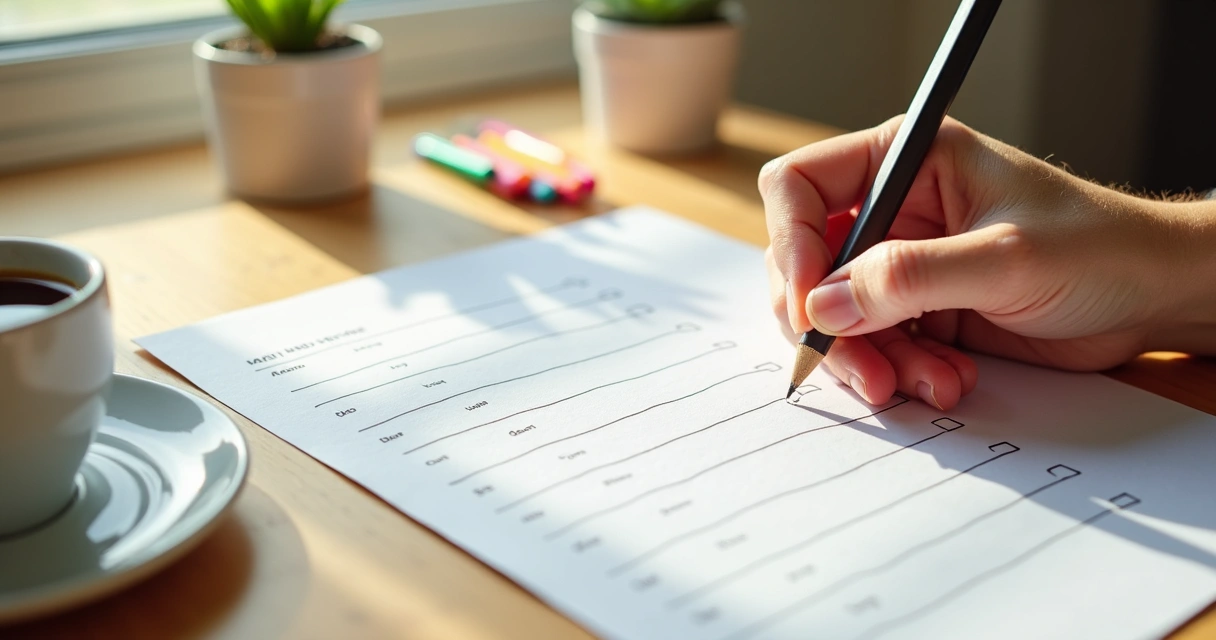 Mano marcando con lápiz una lista de hábitos diarios. 