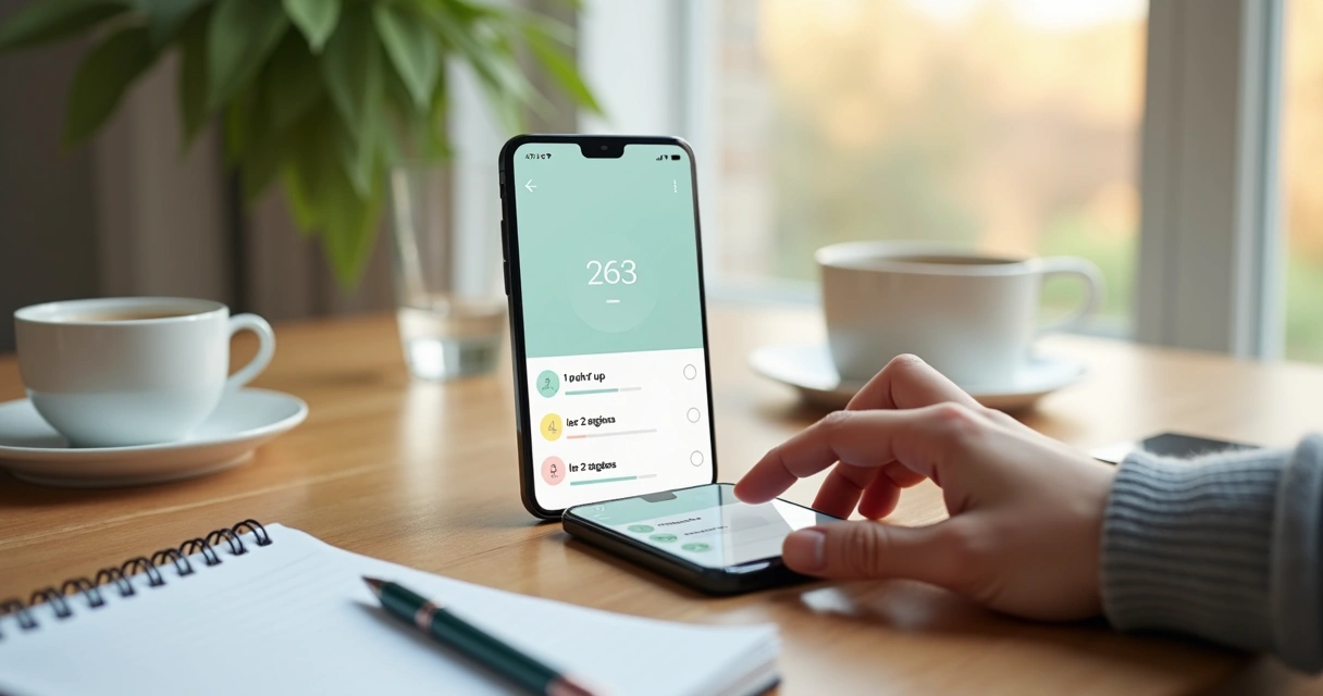 Pessoa marcando pequenos hábitos em um aplicativo de celular na rotina diária 