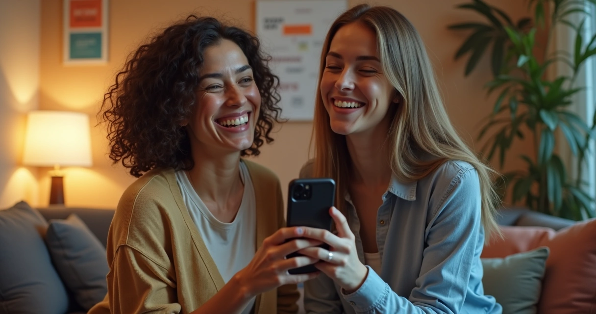 Cena de mini-história em vídeo curto com duas mulheres rindo e usando celular. 