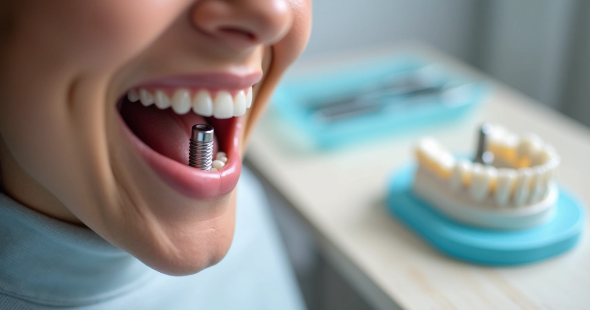 Close em mini implante dentário em arcada inferior com mandíbula demonstrativa ao fundo 