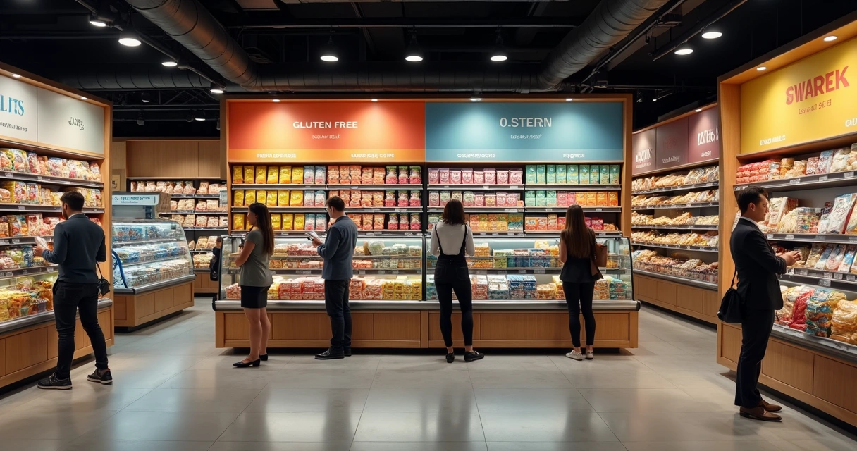 Mini mercado corporativo com prateleiras de produtos variados e identificação de alimentos sem restrições 