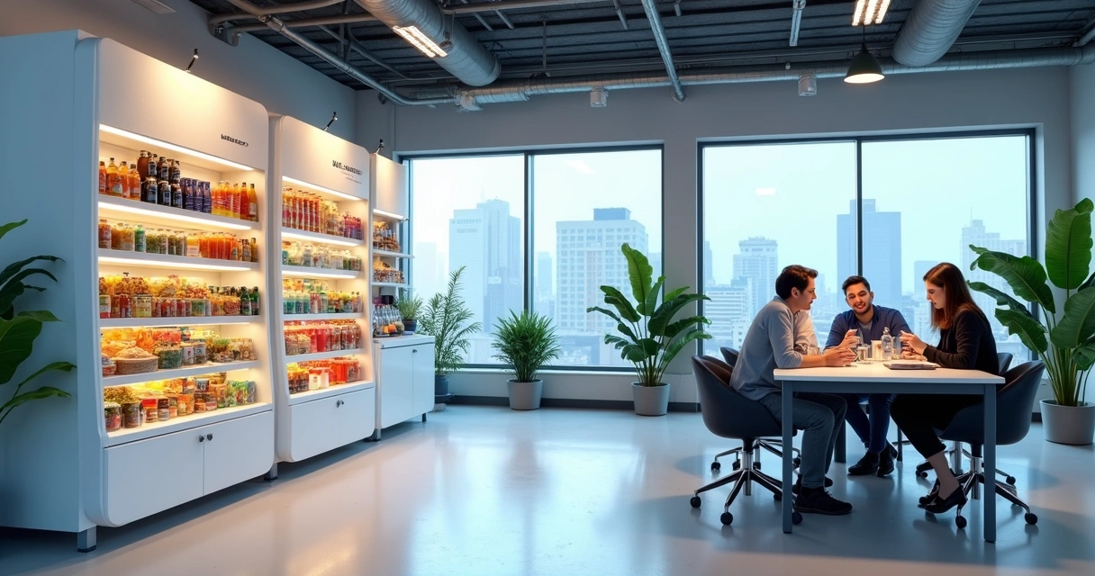 Espaço de minimercado em uma empresa, ao lado de uma mesa de reunião 