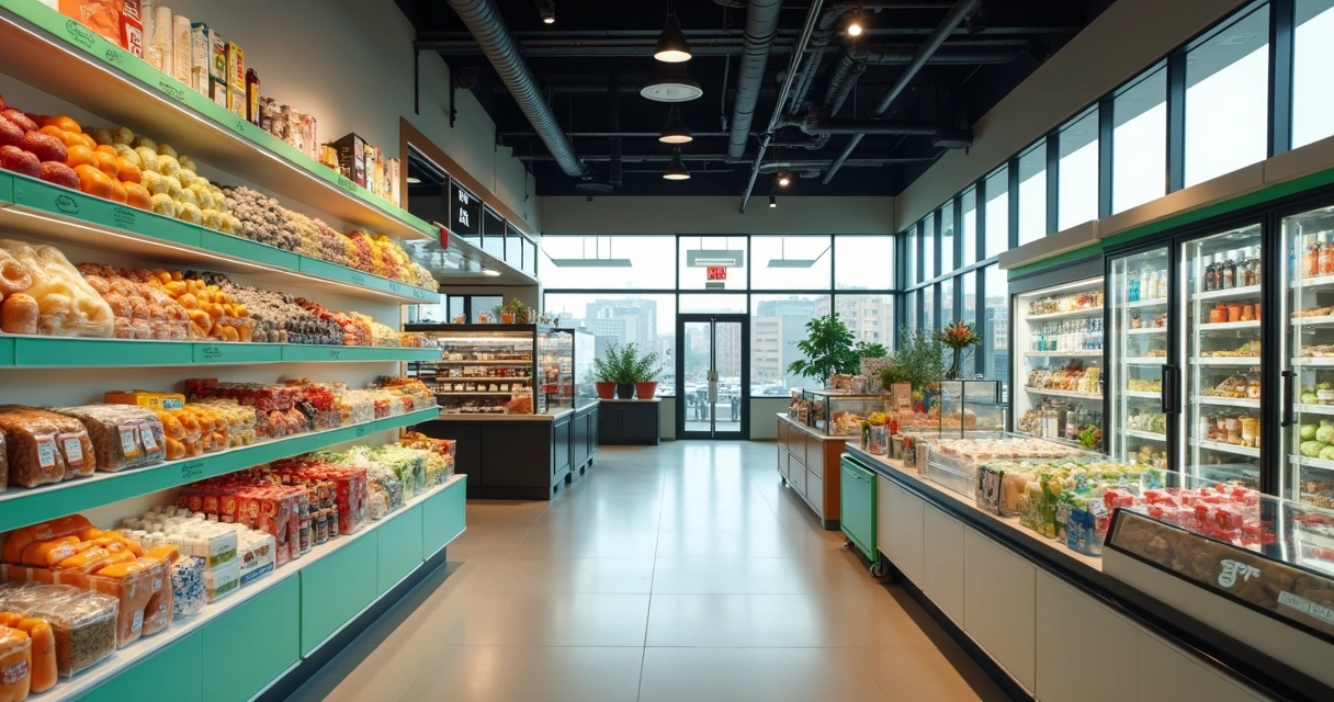 Mini mercado corporativo com produtos organizados em prateleiras 