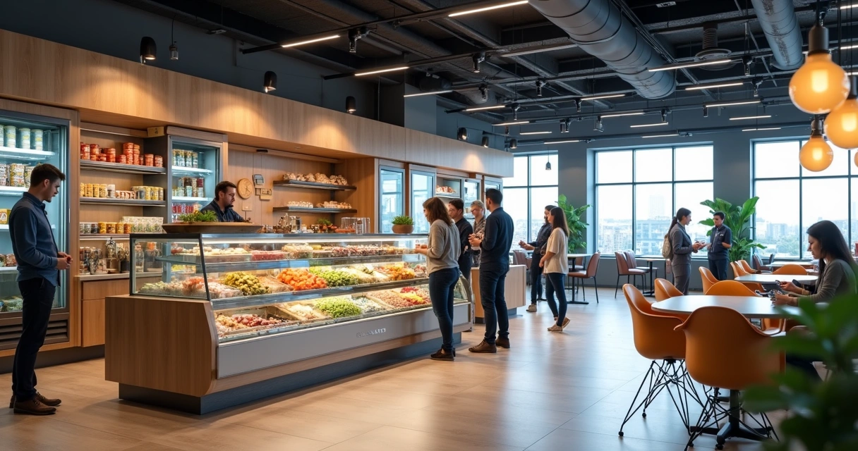 Mini mercado em escritório com colaboradores em pausa 
