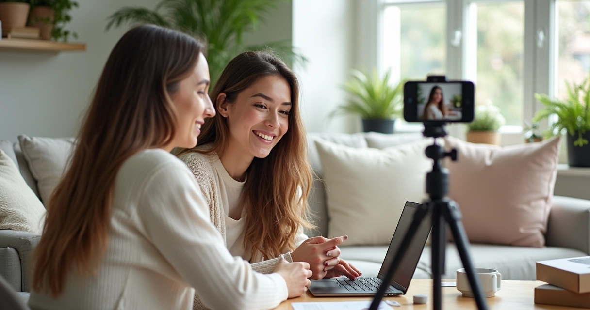 Duas mulheres gravando vídeo juntas usando smartphone