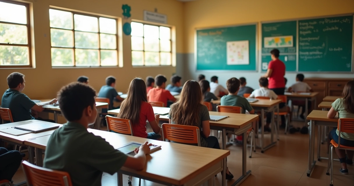 Alunos em sala de aula participando de mini olimpíada escolar 