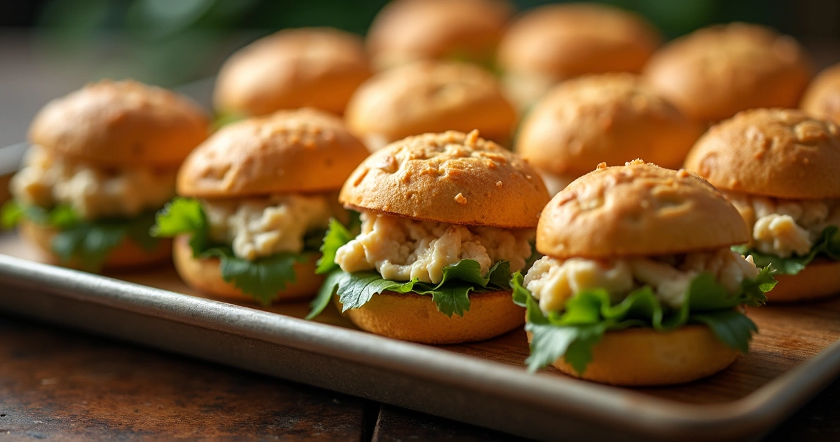 Mini pães de queijo recheados com frango em bandeja 