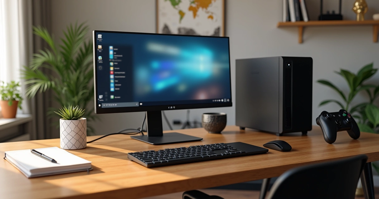 Mini PC e desktop lado a lado em mesa de escritório doméstico organizado 