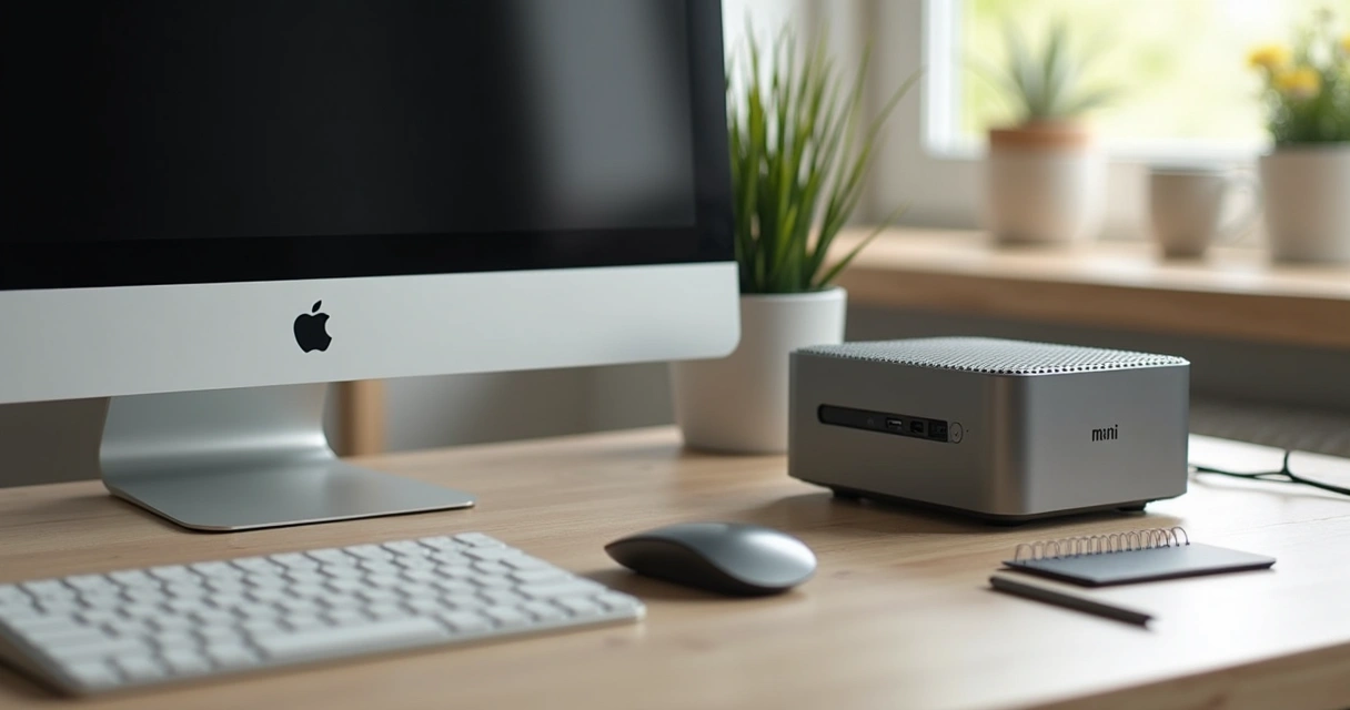 Mini PC compacto ao lado de monitor em mesa de trabalho