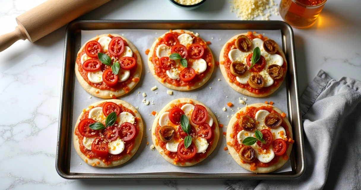 Mini pizzas com diferentes coberturas em bandeja de inox 