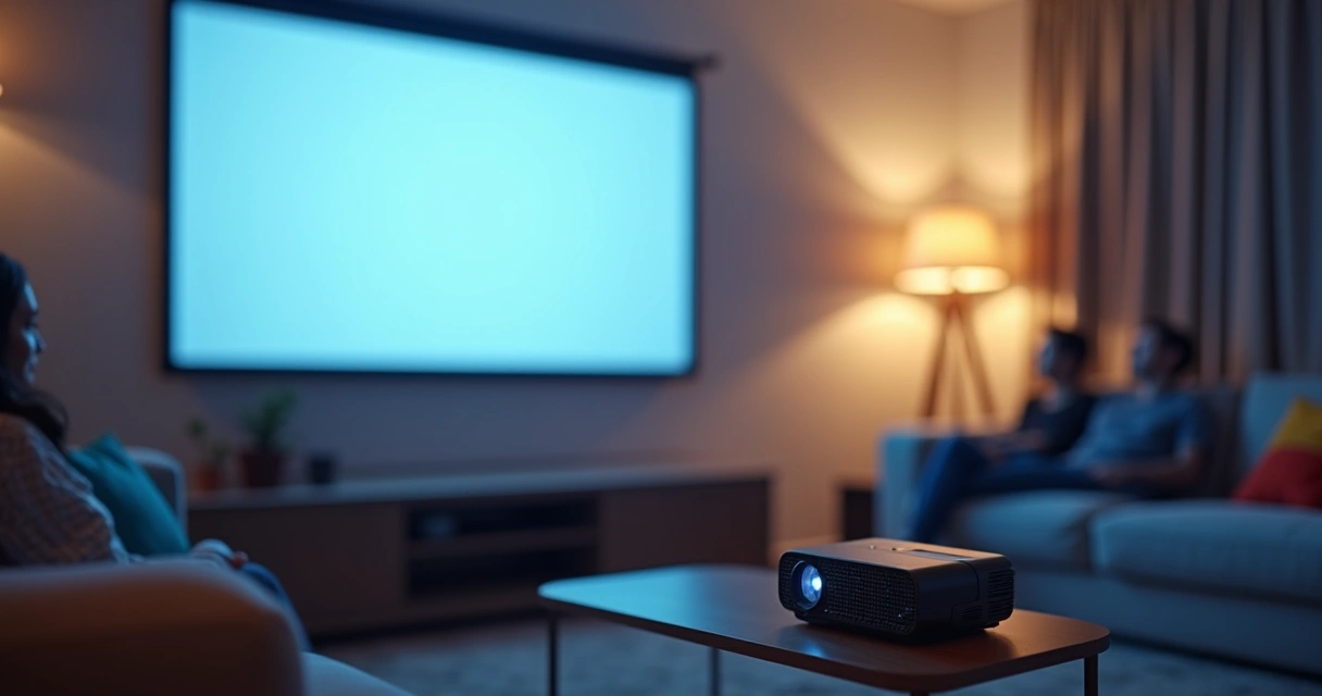 Mini projetor projetando filme em parede na sala de estar 