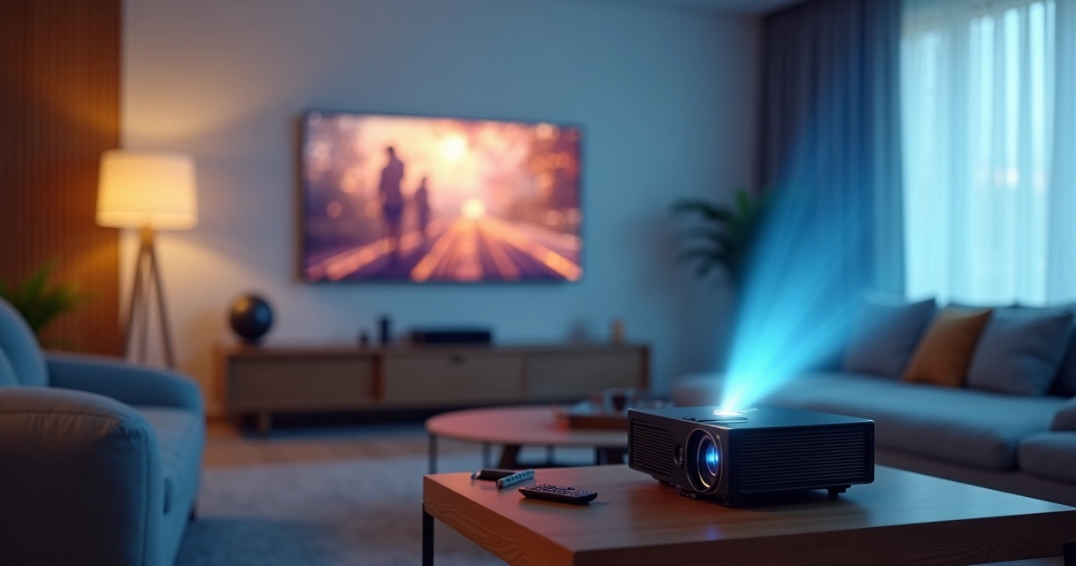 Mini projetor full HD sobre uma mesa projetando em parede branca 