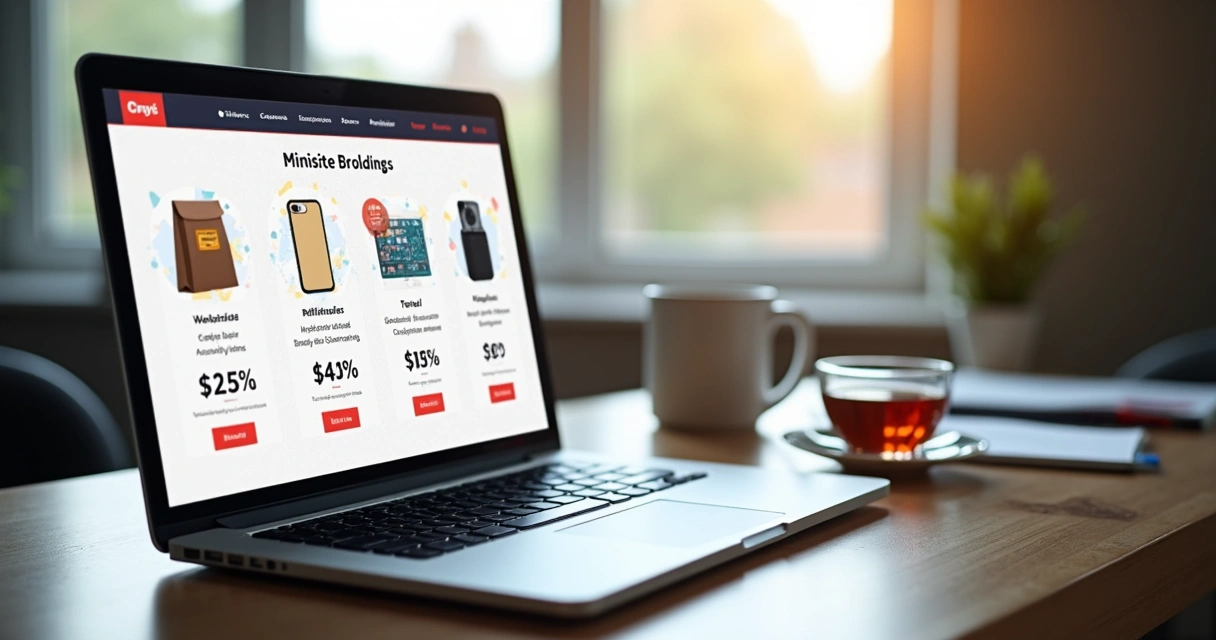 Mini site aberto em notebook com ilustrações de produtos e gráficos de vendas 