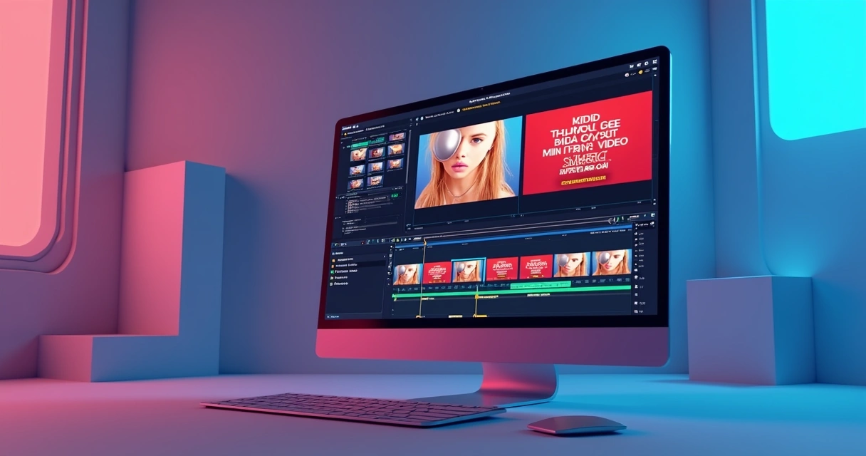 Modelo 3D mostrando uma interface de edição de thumbnails com vídeos sendo cortados e destacados 