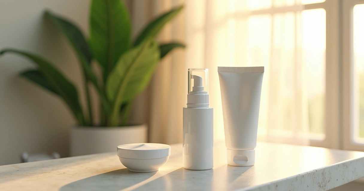Minimal skincare products on a bathroom counter 