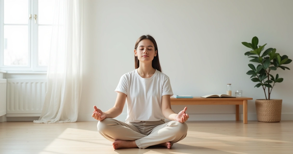 Pessoa sentada no chão de um quarto claro praticando minimalismo emocional 