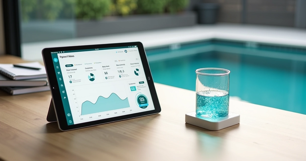 Tablet with pool care app on desk beside glass of clear pool water 